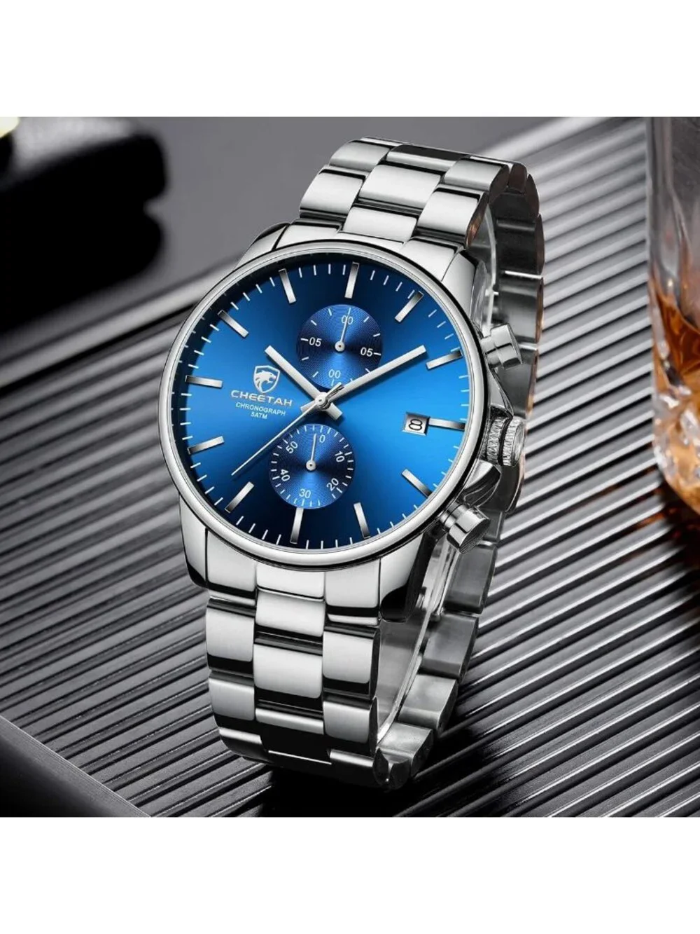 Men's Silver Blue Stainless Steel Waterproof Chronograph Quartz Wrist Watch